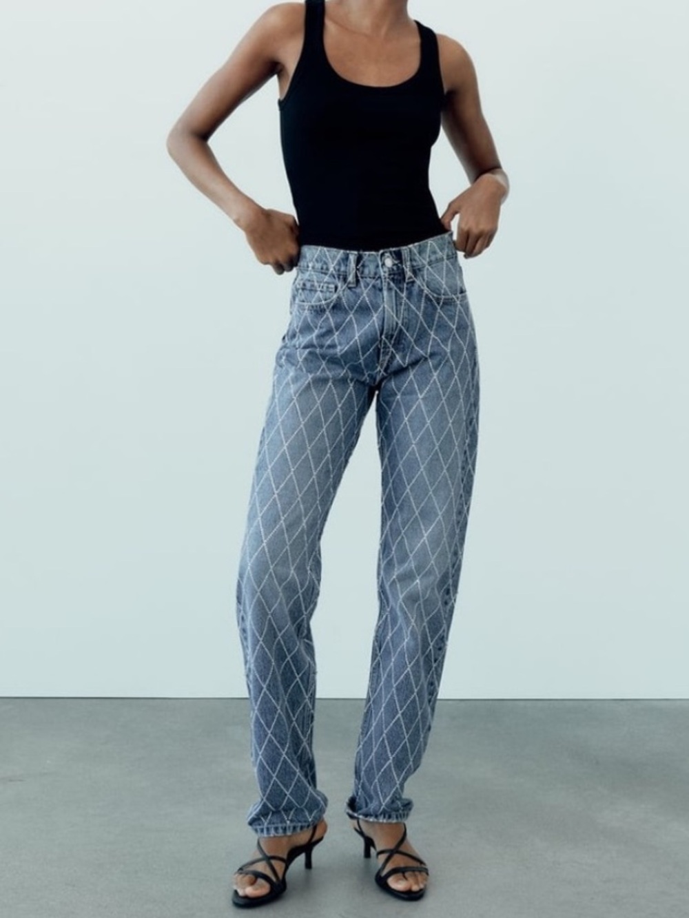 Zara‎ rhinestone Diamond-Quilt Straight Jeans festival maximalist dopamine